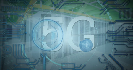 Showing 5G overlay floating above server racks in data center with circuit traces, radar overlays. Technology, connectivity, innovation, digital, networks, cybersecurity, circuitの写真素材