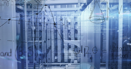 Displaying central cluster of server racks humming in data center interior, with math overlay....