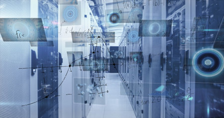 Flashing LED indicators lining central server aisle in data center, displaying holographic graphs....