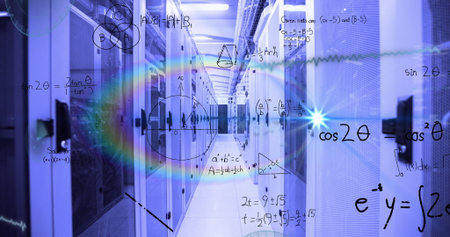 Glowing data center corridor revealing server racks with LED lights and floating math formulas....