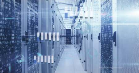 Displaying server cabinets in corridor flashing LEDs and overlaying code graphics in data center....