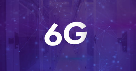 Centered white 6G text floating in purple server corridor, with server racks, digital network nodes. Futuristic, technology, networking, data center, digital, cybersecurity, innovationの写真素材