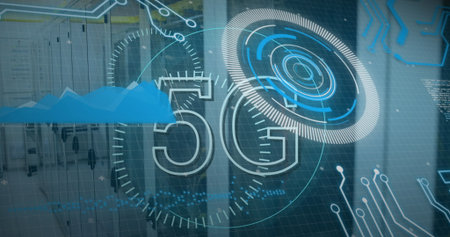 Displaying holographic 5G in data center with grid overlay, radar rings and circuit board traces....
