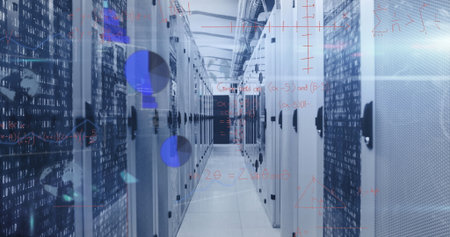 Streaming binary code overlays and math equations across data center corridor, with server racks....