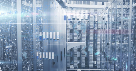 Displaying central aisle of server racks showing blinking LEDs in cooled data center, cable trays....