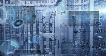 Technicians moving between server racks in data center, with holographic formula overlays....