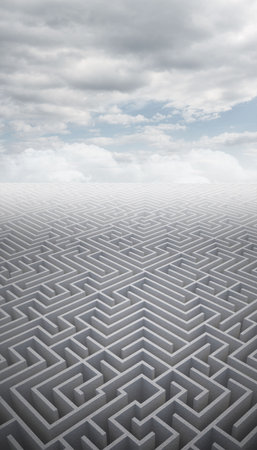 Three-dimensional gray maze pattern is extending toward horizon in 3D render under cloudy sky. Labyrinth, complexity, perspective, abstract, outdoor, spatial, explorationの写真素材