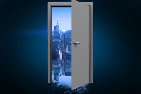 Digital image of open door with cityscape on blue backgroundの写真素材