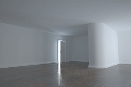 Bright room with a half opened door and wooden floorの写真素材