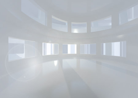 Bright white room with windowsの写真素材