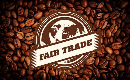 Flat design circular fair trade seal with world map is being shown over roasted coffee backdrop. Coffee beans, logo, branding, minimalistic, eco-friendly, sustainability, productの写真素材