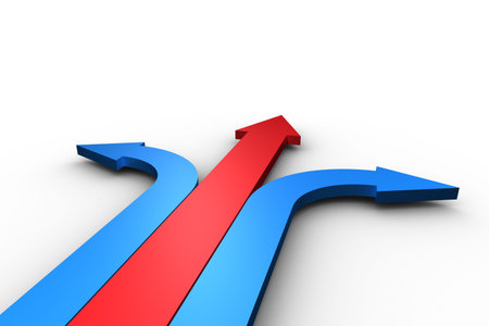Red and blue arrows pointingの写真素材