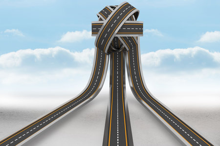 Highway lanes are knotting in flat design on grey ground with dashed-white and solid-yellow lines. Abstract, navigation, urban, futuristic, geometry, transportation, minimalismの写真素材