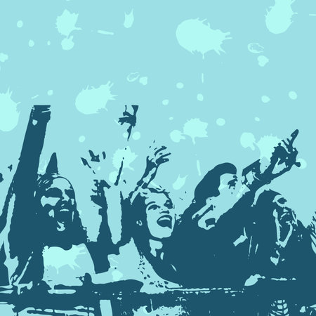 Flat vector design featuring four concertgoers pressing barrier, cheering under confetti and lights. Concert, audience, celebration, entertainment, festival, vibrant, energyの写真素材