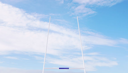 Flat design rugby goalpost wearing blue protective pad standing against blue sky with white clouds. Athletic, sport, outdoor, minimalistic, competitive, fitness, architectureの写真素材