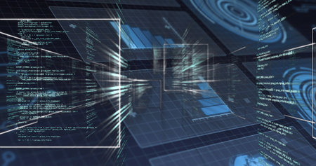 Displaying central 3D grid structure glowing in data hub, with floating code windows and bar charts....