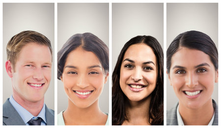 composite portraits showing four smiling professionals in flat design on light gray background....