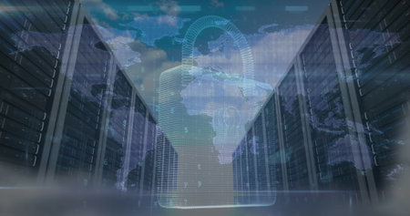 Floating digital padlock hologram glowing in data center corridor, with server racks and code....