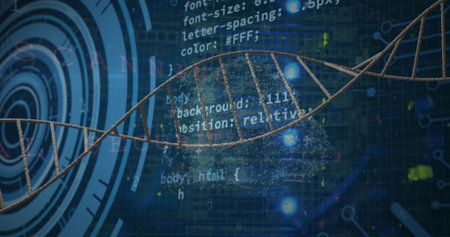 Displaying 3D DNA helix stretching across digital grid, with CSS code overlay and glowing nodes....