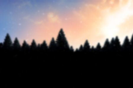 depicting flat design conifer silhouette forest at dusk with central treetop against vibrant sky. Nature, landscape, silhouette, wilderness, tranquility, horizon, scenicの写真素材