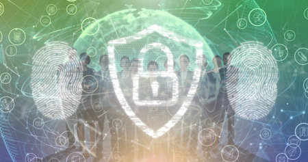 Forming business team protecting network in cyberspace with holographic shield, padlock motif. Technology, collaboration, innovation, digital, enterprise, connectivity, futuristicの写真素材
