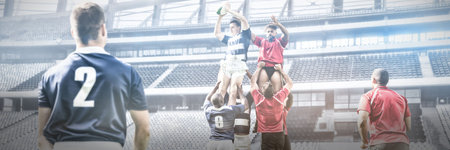 Image of diverse rygby players at stadium. Sport, healthcare and lifestyle concept digitally generated image.の写真素材