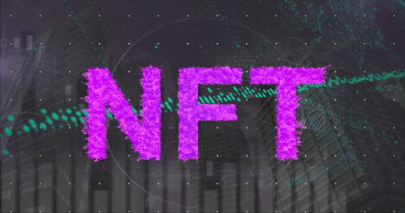 Displaying purple NFT letters intersecting teal data stream in virtual dashboard, grid motif. Futuristic, technology, blockchain, digital interface, abstract, data visualization, cyberの写真素材
