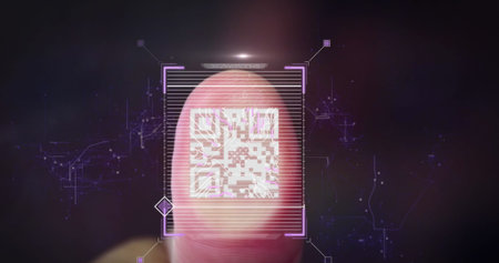 Highlighting scanning frame on human fingertip with QR code pattern in virtual interface. Fingertip, biometric, digital, futuristic, neon, interface, technologyの写真素材