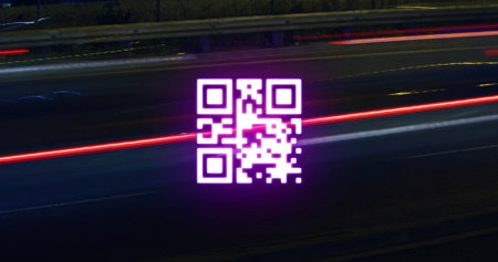 Hovering QR code shining above highway lanes at night, with blurred vehicle light trails. Night,...