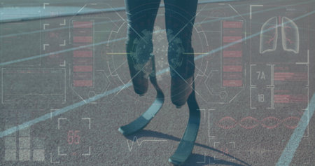 Teenage athlete wearing black leggings running in red track lane, with carbon-fiber blades and HUD. Futuristic, innovation, performance, athleticism, biomechanics, technology, empowermentの写真素材