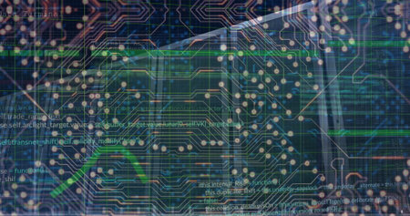 Merging circuit board traces and glowing nodes with code in data-center, with faint rack outlines. Technology, innovation, connectivity, futurism, cybersecurity, digital, networkの写真素材