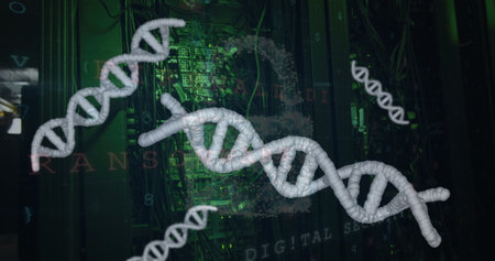 Largest white DNA double helix structure floating in data center, with green LEDs and security code....