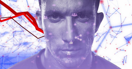 Showing adult male overlaid with red graph, purple icons and blue network lines in virtual space. Analytics, technology, innovation, futurism, data, communication, digitalの写真素材