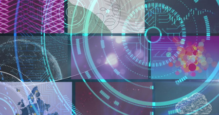 Displaying central holographic interface rotating data rings in virtual dashboard, with neon mesh. Futuristic, technology, digital, interface, cyber, abstract, neonの写真素材