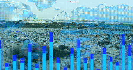 Displaying data overlay over seashell-strewn beach with pebbles, blue bars, line graph, world map....