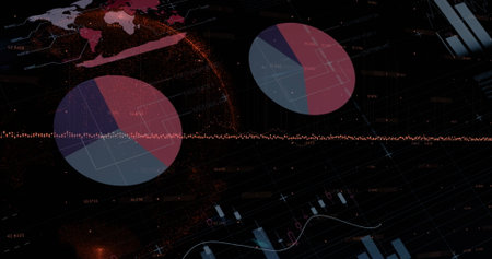 Displaying large pie chart at lower left on dashboard, with glowing globe and waveform, copy space....