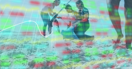 Digging African American woman kneeling on beach at waterline, with shovel and market chart overlay. Beach, finance, data visualization, leisure, teamwork, summer, outdoorの写真素材