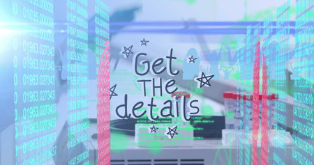 Displaying stylized doodled text over research bench, mixing sample racks, cables and code streams. Technology, data, digital, innovation, electronics, science, visualizationの写真素材