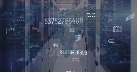 Projecting digital world map overlay over data center aisle, with server racks and hex grids....