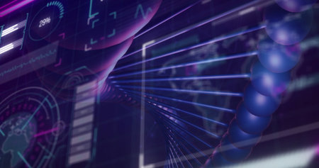 Twisting glowing DNA double helix floating in futuristic lab interface, with molecular nodes....