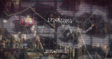 Translucent data overlay showing numeric data and graph lines over professionals in conference room....