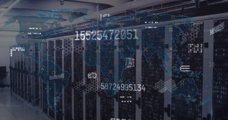 Displaying digital world map overlaying server racks in data center, with numeric data theme....