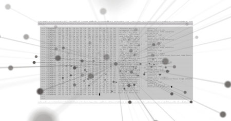 Translucent code panel floating in abstract data network, with hex dump, nodes and radial lines....