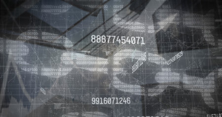 Floating numeric sequence '88877454071' hovering over corporate atrium with grid lines and nodes....