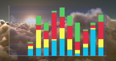 Displaying stacked bar chart with multicolored segments over sunrise cloudscape, gridlines, axes. Infographic, data, visualization, analytics, forecast, technology, aestheticの写真素材