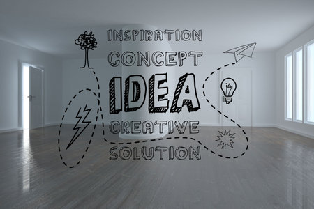 Bold IDEA graphics are linking with dotted lines and doodles on studio walls in hand-drawn style. Creativity, design, innovation, brainstorming, inspiration, modern, minimalismの写真素材
