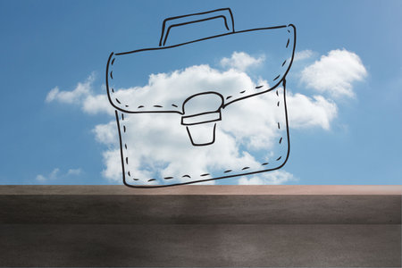Floating hand-drawn briefcase sketch drifting above concrete ledge under bright blue sky. Minimalist, illustrative, modern, professional, urban, motivational, cleanの写真素材