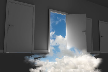 Illustrative image of white clouds coming in from open doorの写真素材