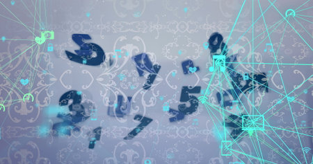Displaying numeric array hovering across virtual space, with neon cyan nodes and icon symbols....