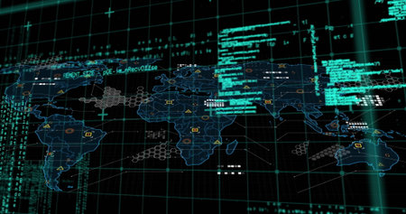 Displaying world map streaming code, connections on grid display, with hex clusters and UI readouts....